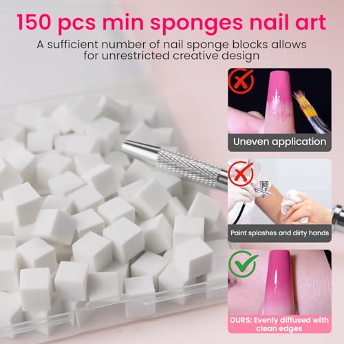 150 PCS Nail Sponges For Ombre Nail Art Supplies Brushes Design Tools Nail Tech Must Haves Accessories With 1 PCS Grab Pen for Salon And Home (White, Medium Pack)