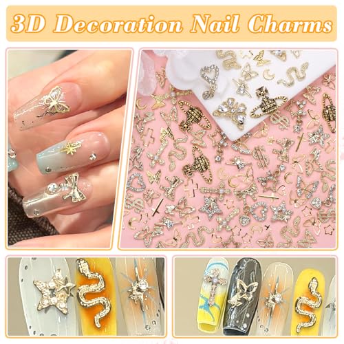 320 Pcs 3D Gold Nail Charms, Cross Snake Star Heart Dangle Nail Gems Charms, Bow Planet Dollar Butterfy Nail Gems for Alloy Nails, Rivet Nail Charms Rhinestones for Nails Art DIY Design