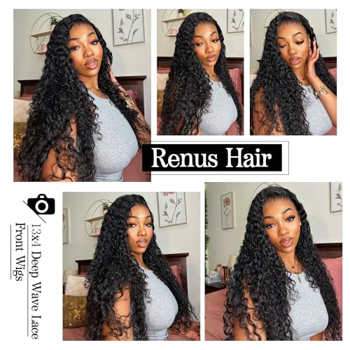 13x4 Deep Wave Lace Front Wigs Human Hair 180% Density Deep Curly Wigs for Women Brazilian Wig HD Transparent Lace Human Hair with Baby Hair Glueless Wig Natural Black 28 Inch