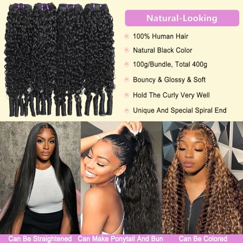 Seekomi Human Hair Burmese Curly Bundles 16 18 20 22 Inch 100% Virgin Water Curly 4 Bundles Human Hair with Spiral Ends Double Weft Quick Weave for Women, Natural Black Color, 400g