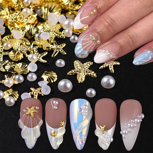 100Pcs Starfish Nail Charms and Gems Summer Ocean Style Nail Art Charms Alloy Seashell Nail Rhinestones Flat Back Pearl Nail Art Rhinestones for Women Beach Vacation Nail Designs Supplies