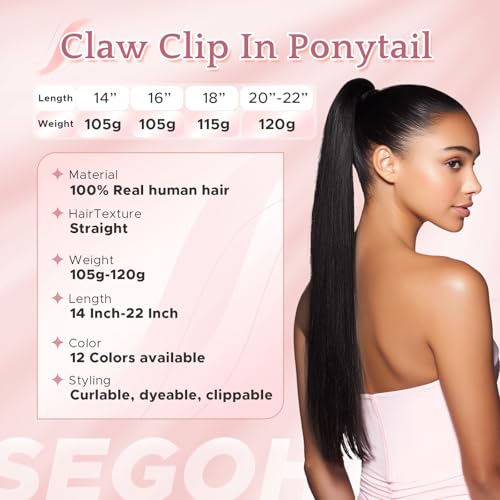 Human Hair Claw Clip Ponytail Extension 100% Real Human Hair Clip-In Extensions for Women Long Straight Pony Tails 22 Inches 120g #01 Jet Black