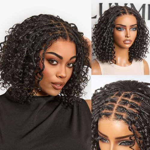 LUVME HAIR Boho Braided Deep Curly 5x5 Closure Lace with Braided Bob 10 Inch Human Hair Wigs Curly Deep Wave Glueless 12 Inches Pre Cut Plucked Hd Lace Short Wig Ready To Go Bleached Knots Black Wigs