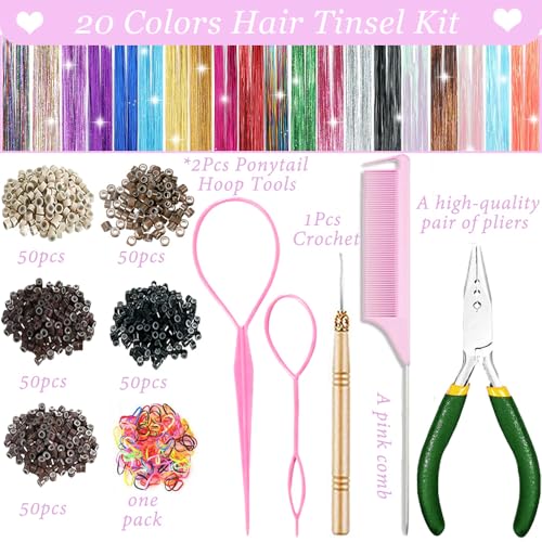 Hair Tinsel kit 20 Colors with Tools, 50 Inch Fairy Hair Tinsel Kit Extensions, 8600 Heat Resistant Holographic Glitter Strands Sparkle Party Halloween Cosplay Hair Accessories for Girls (20 Colors)