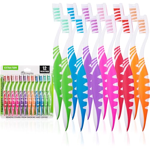 Lingito Extra Firm Toothbrush Set for Adults or Smokers Travel Toothbrush Kit, Hard Multicolor Denture Brush, Large Head, Manual Travel Toothbrush Hard Bristles (12 Pack)