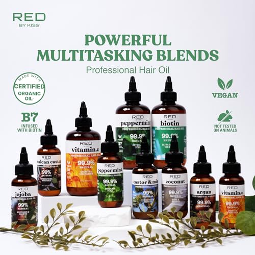 Red by Kiss Professional 99.9% Natural Hair Oil, Organic Vegan Oil Blend for Dry & Itchy Scalp Relief, Hydrating Biotin Infused, Nourish Add Shine & Smooth Hair (Tea Tree, 2.5 Fl Oz)
