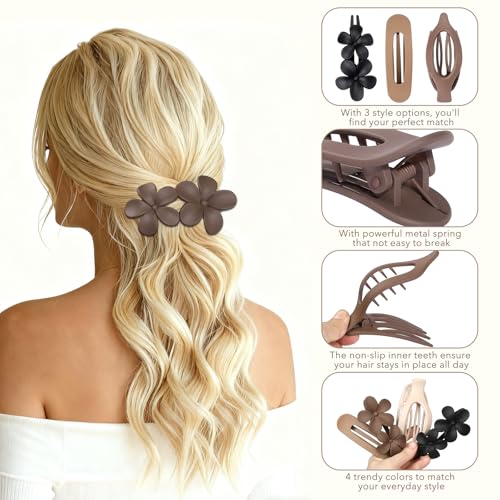 12 PCS Flat Hair Clips - 3 Styles Matte Flat Claw Clips Set Duckbill Barrettes for Women, No-Slip Strong Hold for Thin and Thick Hair, Hair Accessories for Girls Gift (Brown)
