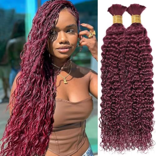 Human Braiding Hair for Boho Braids Burgundy Curly Boho Hair for Braiding Knotless 12A Deep Wave Bulk Bohemian 2 Bundles/Pack Color 99J 100g 20 Inch
