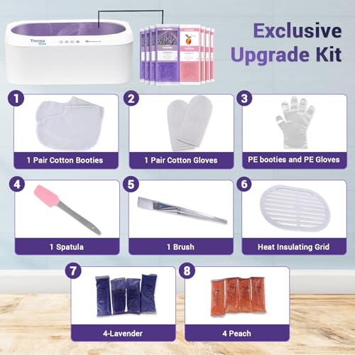 ThermaWax Paraffin Wax Machine | Auto Lid for Hands, Feet & Elbows |20-Minute Quick Melt |Precision Temperature Control | Includes 8 Refills(4-Peach, 4-Lavender),Cotton Gloves,Booties,Brush, & Spatula