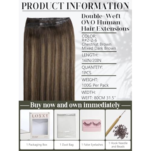 LOXXY Butterfly Double Weft Human Hair Extensions - 100% Remy Invisible Genius OVO PU Weft Extensions - Darkest Brown to Chestnut Brown Highlights, 20 Inch 100g, Width 31.5"(80cm)