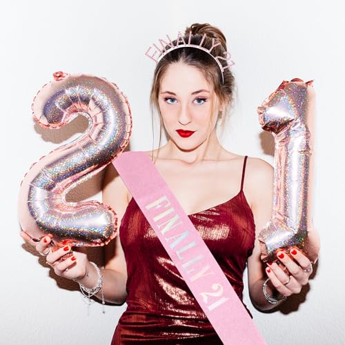Semato 21st Birthday Sash & Rhinestone FINALLY 21 Birthday Headband Kit- Pink 21st Birthday Decorations for Her