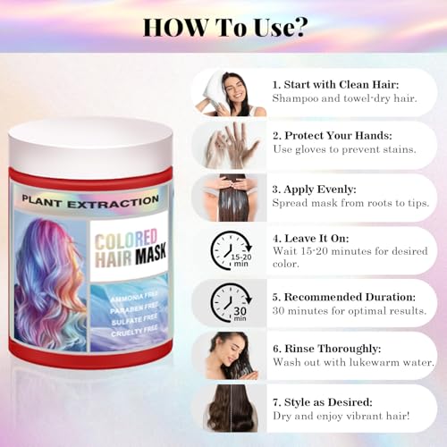 Vegan Semi Permanent Hair Color Mask - 10.15OZ Color Depositing Conditioner for Color-Treated Hair - Ammonia, Paraben, Sulfate & Cruelty-Free - Enhances & Tones Hair - Plant-Based (RED)