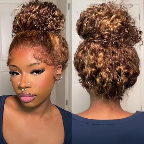 Hidden Strap 360 Water Wave 220% Density Honey Blonde Deep Curly Human Hair wig Ombre Deep Wave 4/27 Highlight Lace Front Wigs Pre Plucked Wet And Wavy Water Wave Wig for Women 18 Inch