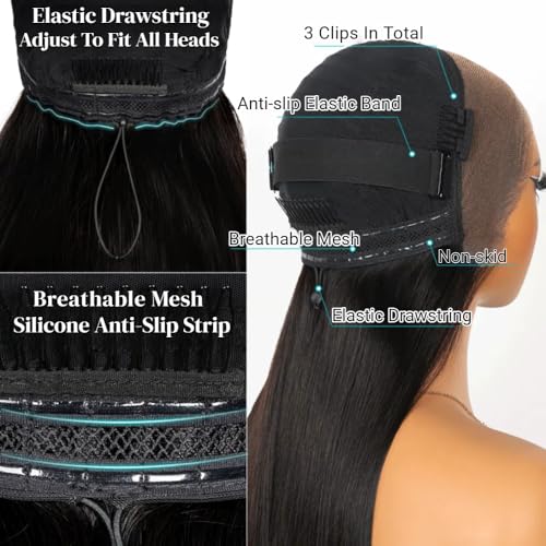 Miss Flower 13x6 Glueless Full Frontal Pull Go Wigs With Drawstring 250 Density Hidden Strap Snug Fit Ultra-thin Invisible Lace Wig Pre Plucked Pre Cut Lace 26Inch Straight Wigs Human Hair For Women