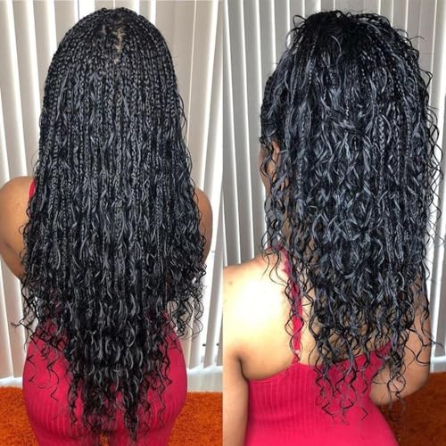 Crochet Boho Box Braids With Human Hair Pre-Looped Synthetic Braiding Goddess Braids Double Drawn Curly Full Ends Hair Extensions For Women Natural Color 2Pack/80 Stands 14Inch