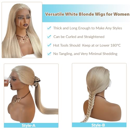 13x6 Platinum Blonde Lace Front Wig Human Hair, Deep Ear-to-Ear HD Lace Frontal Human Hair Wigs 24 Inch Platinum Blonde Wig 180% Density Straight Platinum Lace Front Wigs for Women Pre Plucked