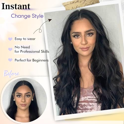 SCENTW Glueless Wigs Black Wig for Women Hand-Tied Lace Synthetic Lace Front Wig Long Wavy with Natural Hairline Middle Part Synthetic wig for Daily Party Beginners