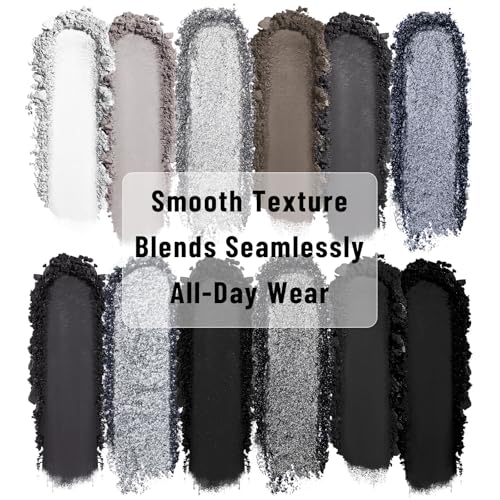 UCANBE Smokey Eyeshadow Palette, Dark Black White Gray Silver Natural Nude Matte Shimmer Eye Shadow Make Up Pallet for Smoky Emo Goth Makeup, 12 Color High Pigmented Long Lasting Waterproof Pallete