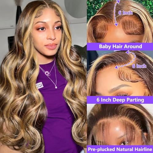 30 Inch Honey Blonde Wig Human Hair 13x6 Ombre HD Lace Front Wigs Body Wave P4/27 Highlight Human Wig Pre Plucked with Baby Hair 180 Density Human Hair Frontal Wigs for Women