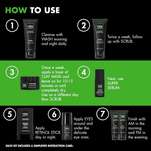 Tiege Hanley Skin Care Set for Men, Rejuvenation Routine, System Level 5, Face Wash, Scrub, Moisturizers, Eye Cream, Serum, Clay Mask, & Retinol Stick for Healthy Skin, Men¡¯s Skin Care, 8 Piece Kit
