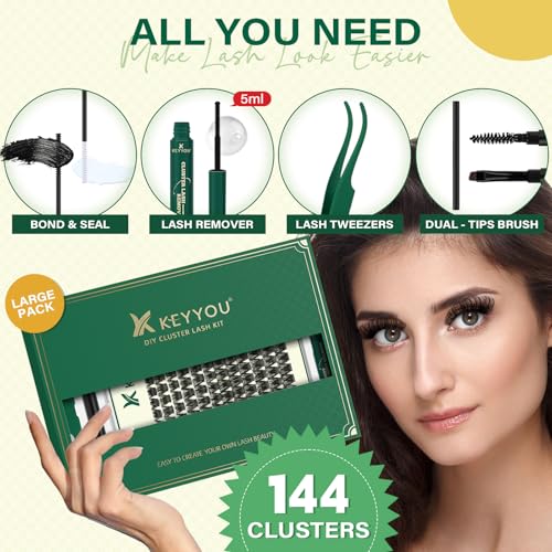 KEYYOU Lash Clusters Kit 144pcs Thick Volume D Curl Lash Clusters Lash Extension Kit with Mascara Brush Bond and Seal Lash Glue Remover Lash Applicators Lash Brush for DIY Lash Extensions (Y02 Kit)