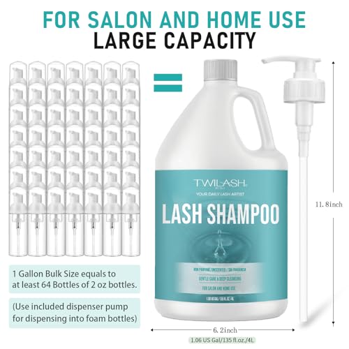 Lash Shampoo Bulk, Eyelash Cleanser for Extensions 4 Liters, Dispenser Pump, Safe Makeup Remover, Non-irritating or Burning Eyelid Foaming Cleanser for Professional Salon and Home Use (Unscented-4L)