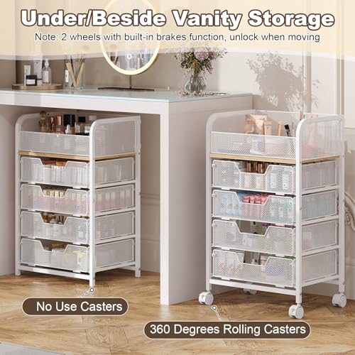 Makeup Cart Organizer with 4 Drawers, Large Floor Skincare Organizers, Vanity Storage Organizer Cosmetics Display Cases for Skin Care Perfume Nail Polish, White (Patent Pending)