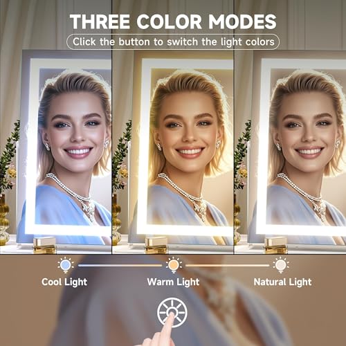 Hasipu Vanity Mirror with Lights, 19.6" x 15.7" LED Makeup Mirror, 3 Color Modes Touch Control and Brightness Adjustment Lighting Mirror, 10X Magnifying Glass, 360¡Æ Rotation