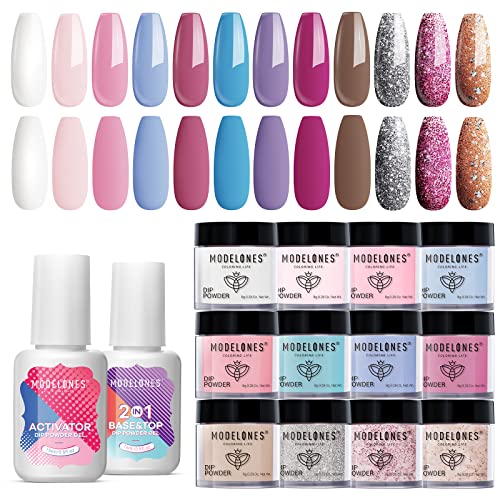 Modelones Dip Powder Nail Kit-12 Colors Morandi Series French Style Quick Drying Dipping Powder Kit Starter with Activator and Base Top Coat, Essential Manicure Nail Dipping System for Salon DIY at Home