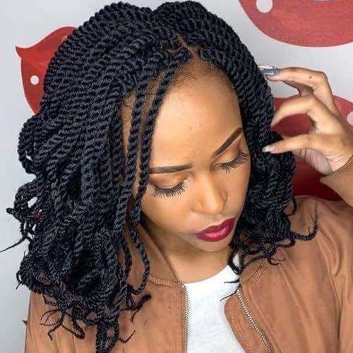 Kachanaa 10 Inch Wavy Senegalese Twist Crochet Hair for Black Women 8 Pack Short Pre-looped Crochet Braids with Curly End Synthetic Pre Twisted Havana Twist Braiding Hair for Kids Girls 1B#