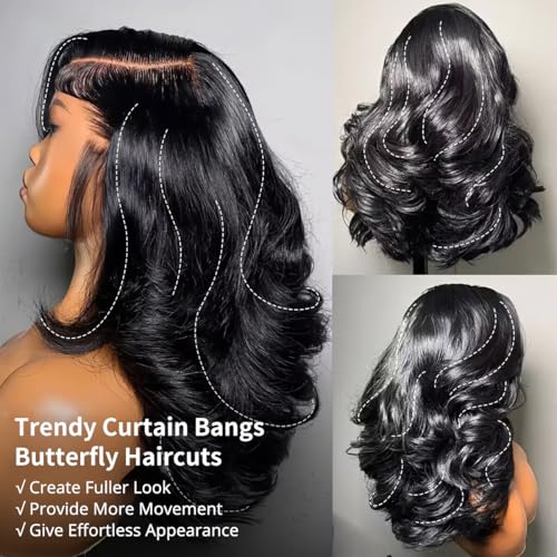 Tinashe Human Hair Wig Glueless Wigs Human Hair Pre Plucked Pre Cut Bob Wear And Go Loose Body Wave Layered Cut 6x5 HD Lace Front Wigs for Black Women Side Part Curtain Bangs Natural Black Wigs 18inch