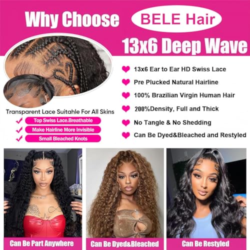 BELE 13x6 Deep Wave Lace Front Wigs Human Hair 26 Inch 200% Density Deep Curly Lace Front Wigs Human Hair Brazilian Vrigin Hair Curly HD Transparent Lace Frontal Wig Pre Plucked with Baby Hair