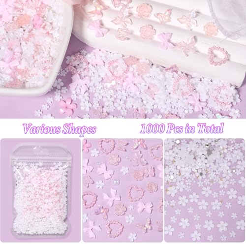 1000 Pcs White Flower Nail Charms, 3D Tiny Flowers Charms for Acrylic Nails Mixed Pink Bows Butterfly Petal Nail Art Charms, Caviar Beads and Half Nail Pearls for Manicure Nail Accessories