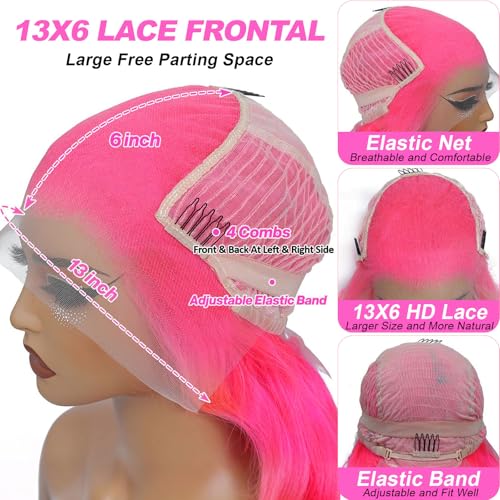 32 Inch Pink Human Hair Wig 200 Density 13x6 HD Lace Front Wigs Human Hair Pre Plucked Body Wave Pink Lace Front Colored Glueless Wigs for Women with Baby Hair