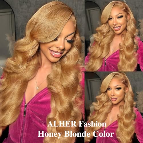 ALHER Honey Blonde Lace Frontal Wig Human Hair 24 Inch Body Wave, 180% Density Blonde #27 Colored 13x4 HD Lace Front Wig Pre Plucked With Baby Hair Ear to Ear, 12A 100% Virgin Remy Hair for Women