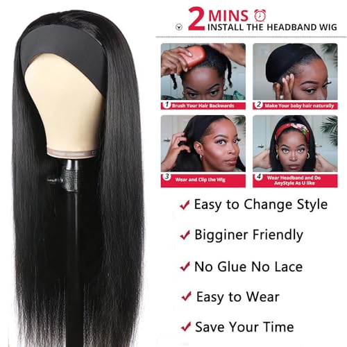 Headband Wig Human Hair Straight Headband Wigs for Black Women Glueless None Lace Wig 150% Density Straight Headband Wig Natural Colour 28 Inch