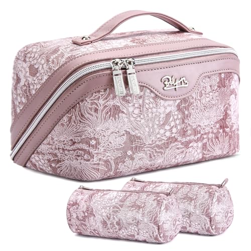 BOYATU Travel Makeup Bag for Women: Large Capacity Make up Bag with Compartments - Vegan Leather Cosmetic Bag set of 3 - Waterproof Toiletry Bag with Handle & Divider(E-1-Purple)