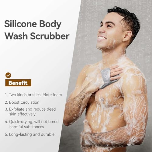 Zinc Infused Silicone Body Scrubber for Men, New Upgrade Deep Exfoliating Body Scrubber for Shower, Silicone Loofah Men for Sensitive Skin with Lathering Bristles and Ergonomic Non-Slip Handle (Gray)