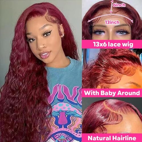 Larhali 99J HD Lace Front Wigs Human Hair Pre Plucked 250% Density Burgundy 13x6 Deep Wave Frontal Wigs Natural Hairline Human Hair Wigs for Black Women(24 Inch)