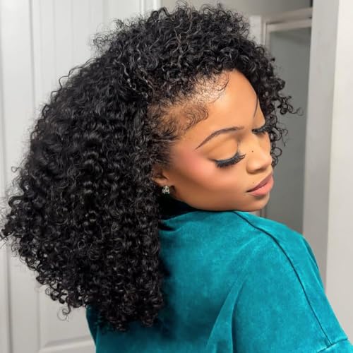 Curly Half Wig,200 Density Kinky Curly Half Wig Human Hair 3 In 1 Seamless Flip Over Glueless Wigs Human Hair with Drawstring Beginner Friendly Curly Wig Headband Wig for Women Daily Wear 20 Inch