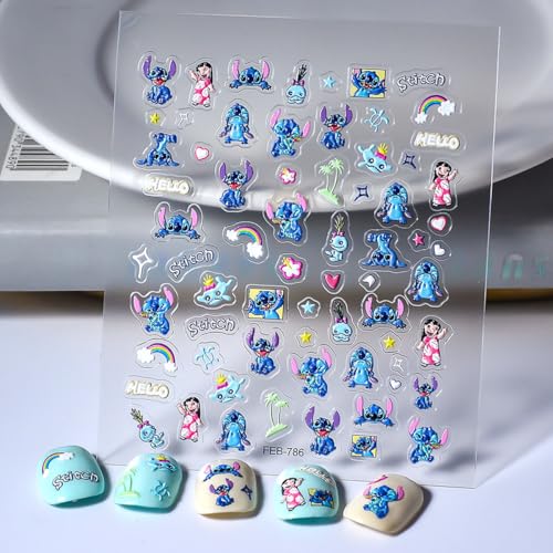 5D Embossed Cartoon Nail Stickers - 1Pcs Cute Nail Stickers for Nails Art Cartoon Reliefs Self Adhesive Supplies Nails Decals Cute DIY Designs Sticker for Women and Girls