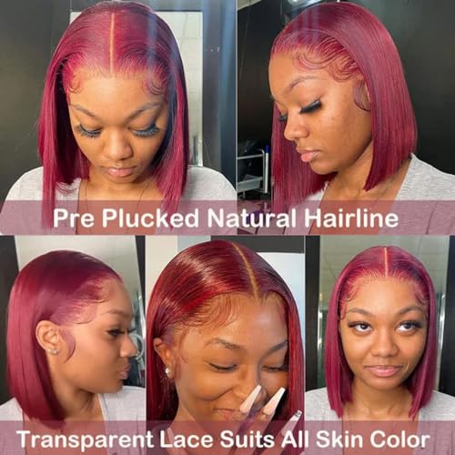 Burgundy Bob Wig - Glueless, Pre-Plucked 150% Straight 4x4 Lace Front Wig, 12 Inch