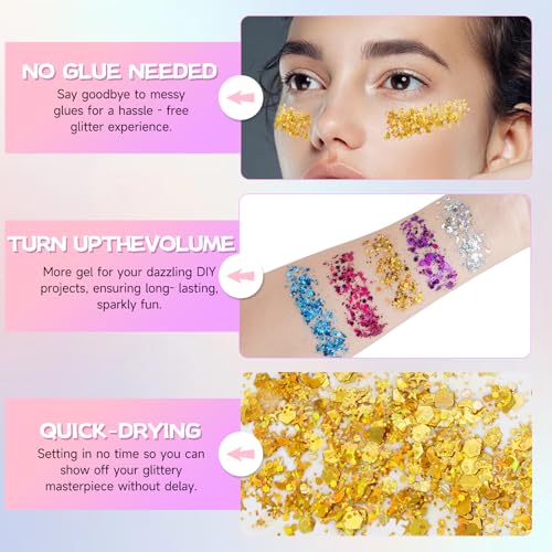 Gold Body Glitter Gel,Face Hair Glitter Makeup,Music Festival Concert Outfit Rave Pride Accessories for Women,Mermaid Sequins Chunky Glitter Face Paint,Hair Glitter Gel for Halloween