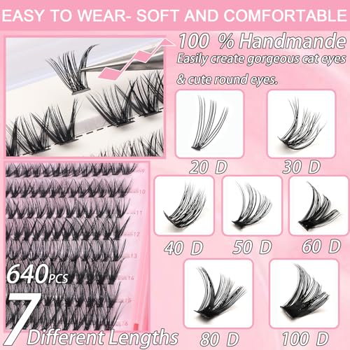 Manga Lash Clusters, 640 Pcs Eyelashes Clusters Extensions 9-16mm Individual Lashes D Curl Fluffy Wispy False Eyelashes Thin Band (30D&40D)