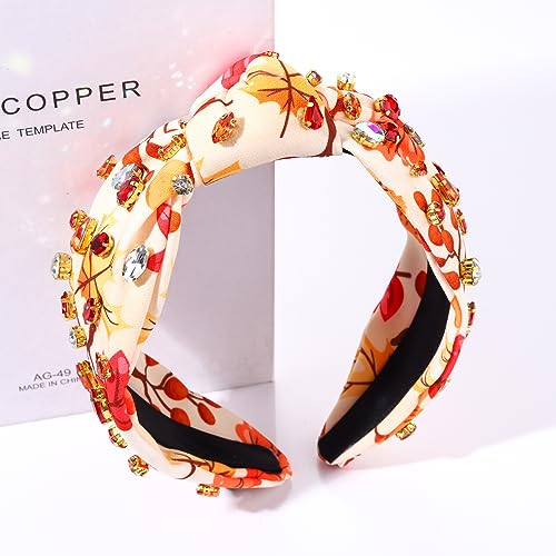 Thanksgiving Pearl Rhinestone Jeweled Knotted Headband - Fall Pumpkin Leaf Print Wide Knot Hairband - Turkey Holiday Hair Accessories Gifts
