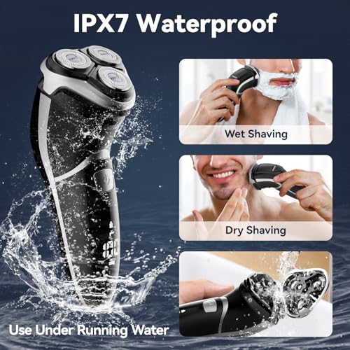 MAX-T Men's Electric Shaver - Corded and Cordless Rechargeable 3D Rotary Shaver Razor for Men with Pop-up Sideburn Trimmer Wet and Dry Painless 100-240V Black (Metal Black)