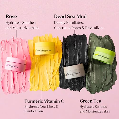 VogueNow Clay Mask Gift Pack of 4 Jars (400g) With Cute Headband & Brush | Premium Clay Face Mask | Turmeric Vitamin C, Green Tea, Rose, Dead Sea Mud | Clay Mask For Face | Spa Gift set for Women