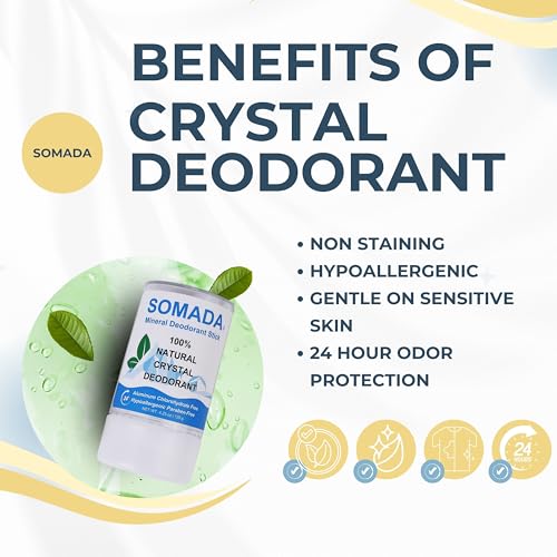SOMADA Crystal Deodorant Stick for Women and Men, 4.25 oz/120g - Unscented 100% Natural Alum Salt Stone Rock, Stocking Stuffer Holiday Gift