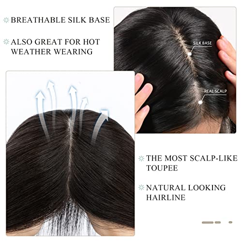 Hairro Human Hair Toppers for Women, Clip in Real Hairpieces, 130% Density 3"x5" Silk Base with Free Parting, for Covering Greyish Thinning Hair Loss/Adding Volume, 10 Inch Medium Brown