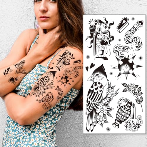 Tazimi 12 Sheets Large Black Old School Temporary Tattoos for Women Men& Adult, Traditional American Retro Styles Half Arm/DIY Free Combination Waterproof Classic Fake Tattoos Tattoo